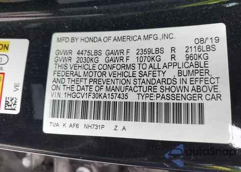 2019 Honda Accord Sport from USA, damaged, VIN 1HGCV1F30KA157435